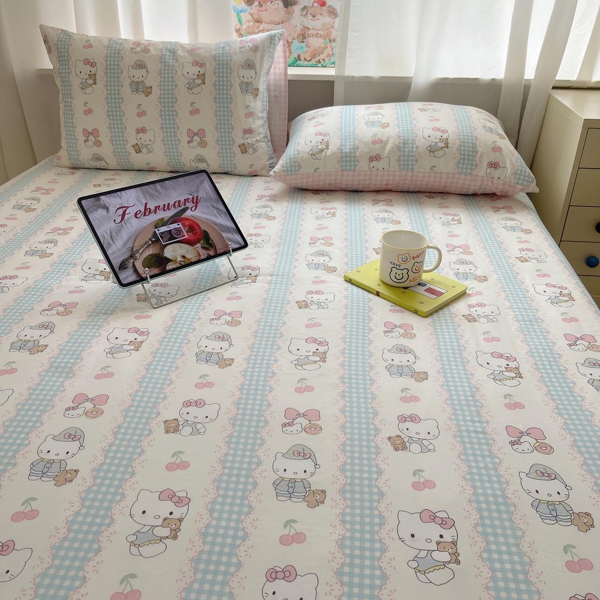 91家纺网 家纺一手货源 找家纺 六巷胡同 2026新款40支全棉13070INS卡通单品床笠 萝莉樱桃猫