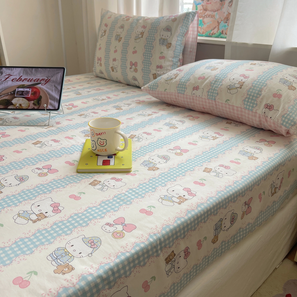 91家纺网 家纺一手货源 找家纺 六巷胡同 2026新款40支全棉13070INS卡通单品床笠 萝莉樱桃猫