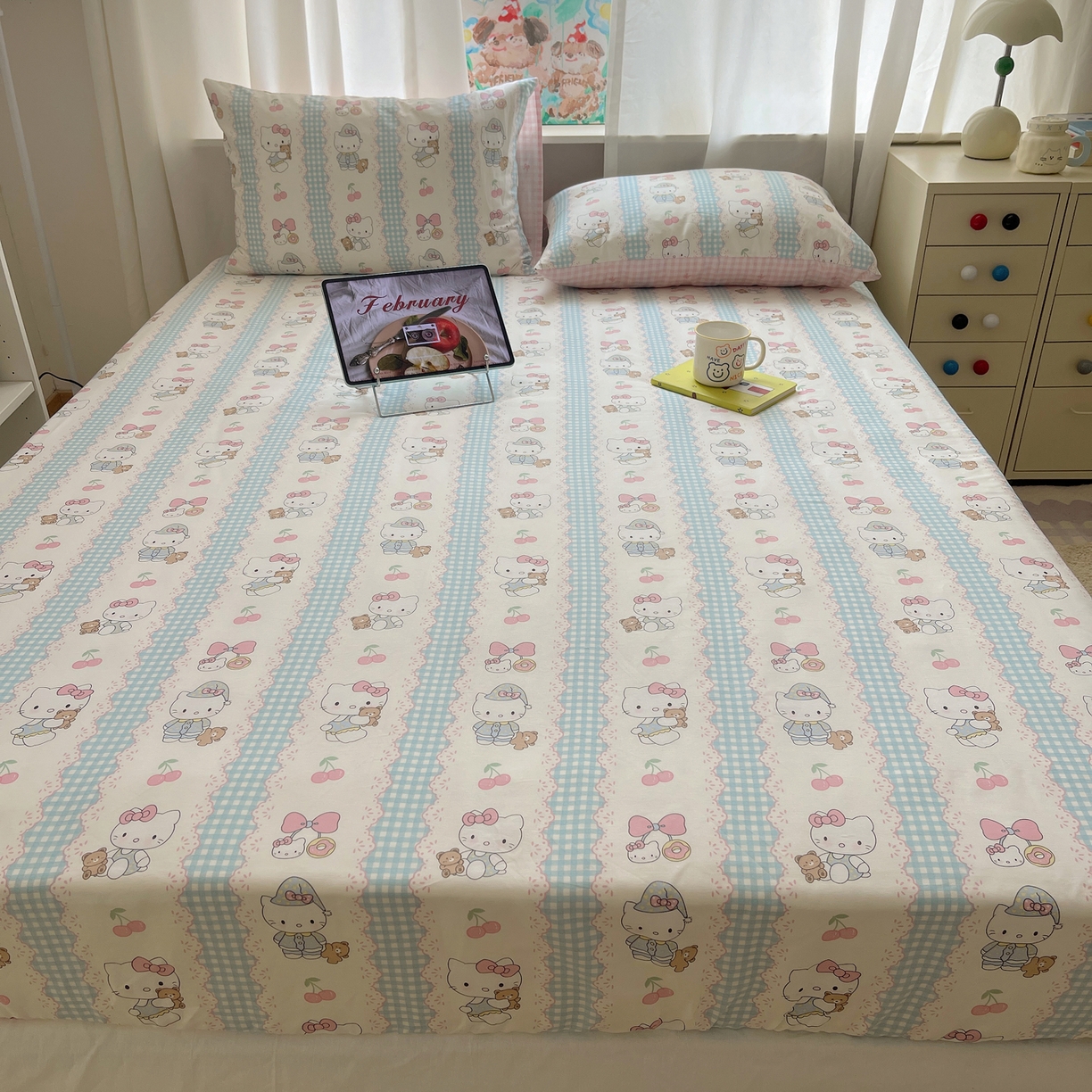 91家纺网 家纺一手货源 找家纺 六巷胡同 2026新款40支全棉13070INS卡通单品床笠 萝莉樱桃猫