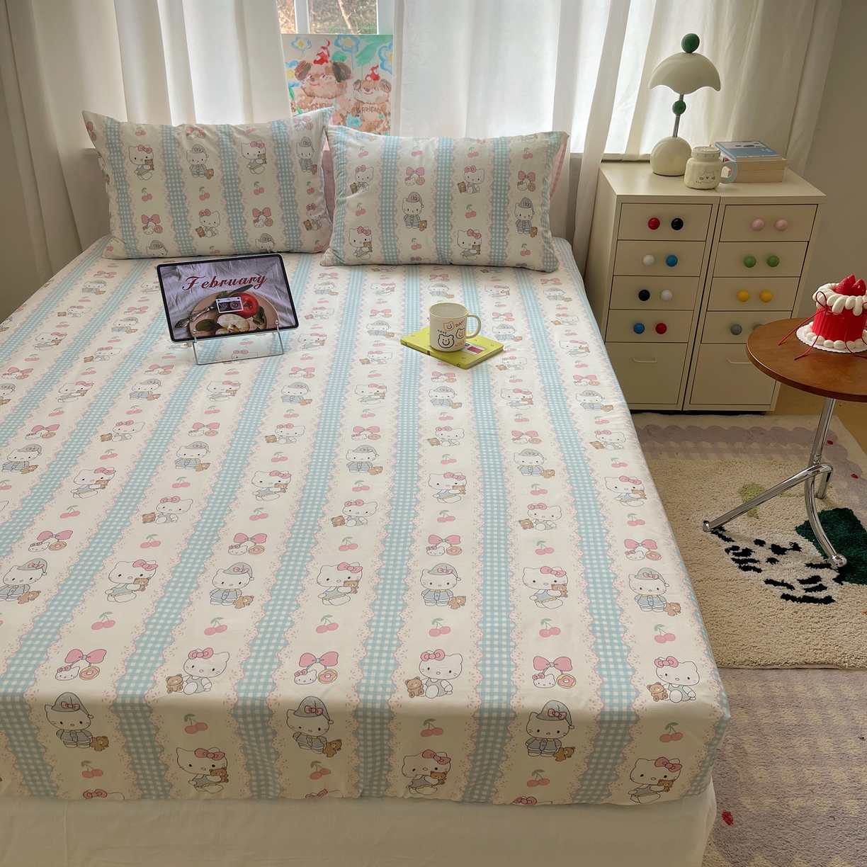 91家纺网 家纺一手货源 找家纺 六巷胡同 2026新款40支全棉13070INS卡通单品床笠 萝莉樱桃猫