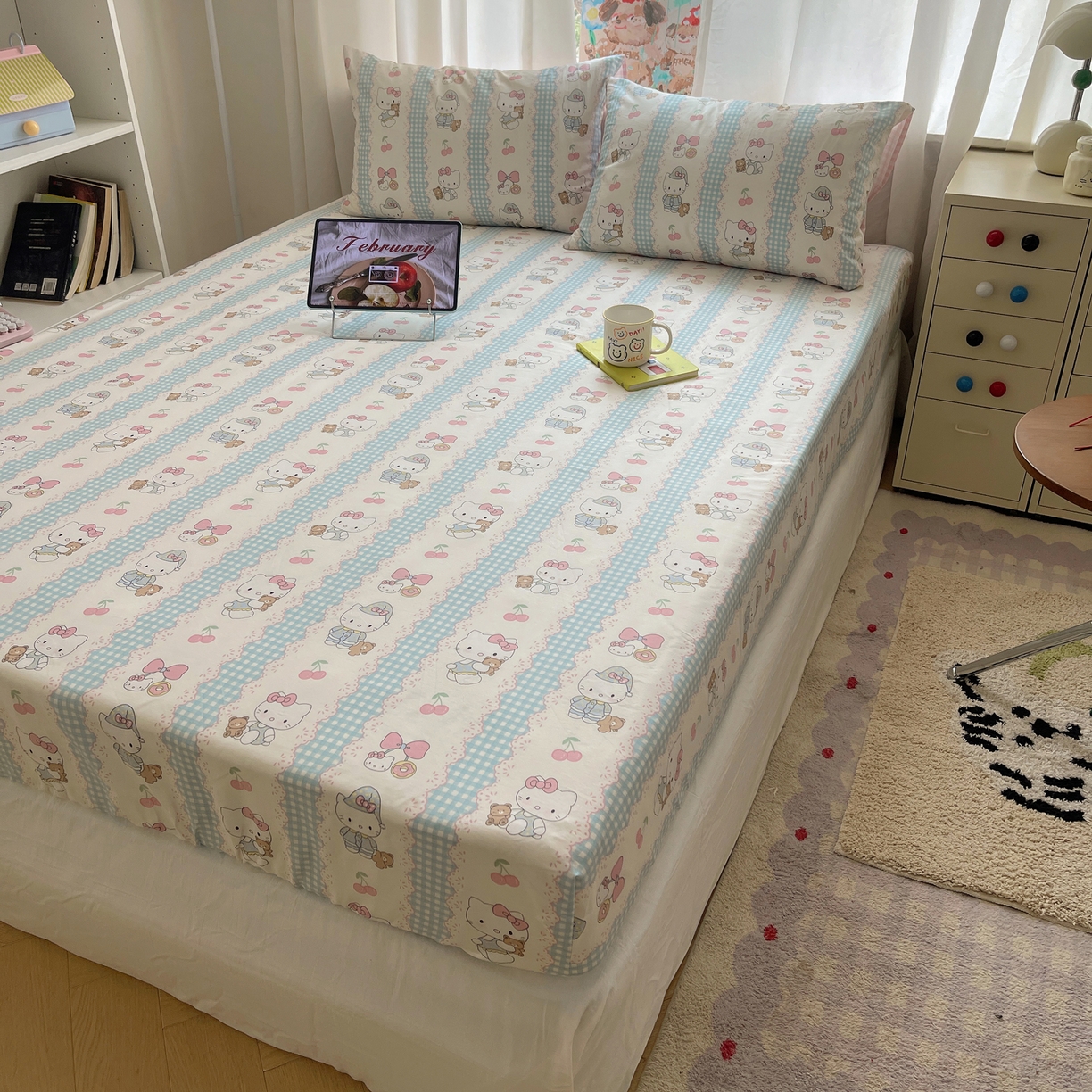 91家纺网 家纺一手货源 找家纺 六巷胡同 2026新款40支全棉13070INS卡通单品床笠 萝莉樱桃猫