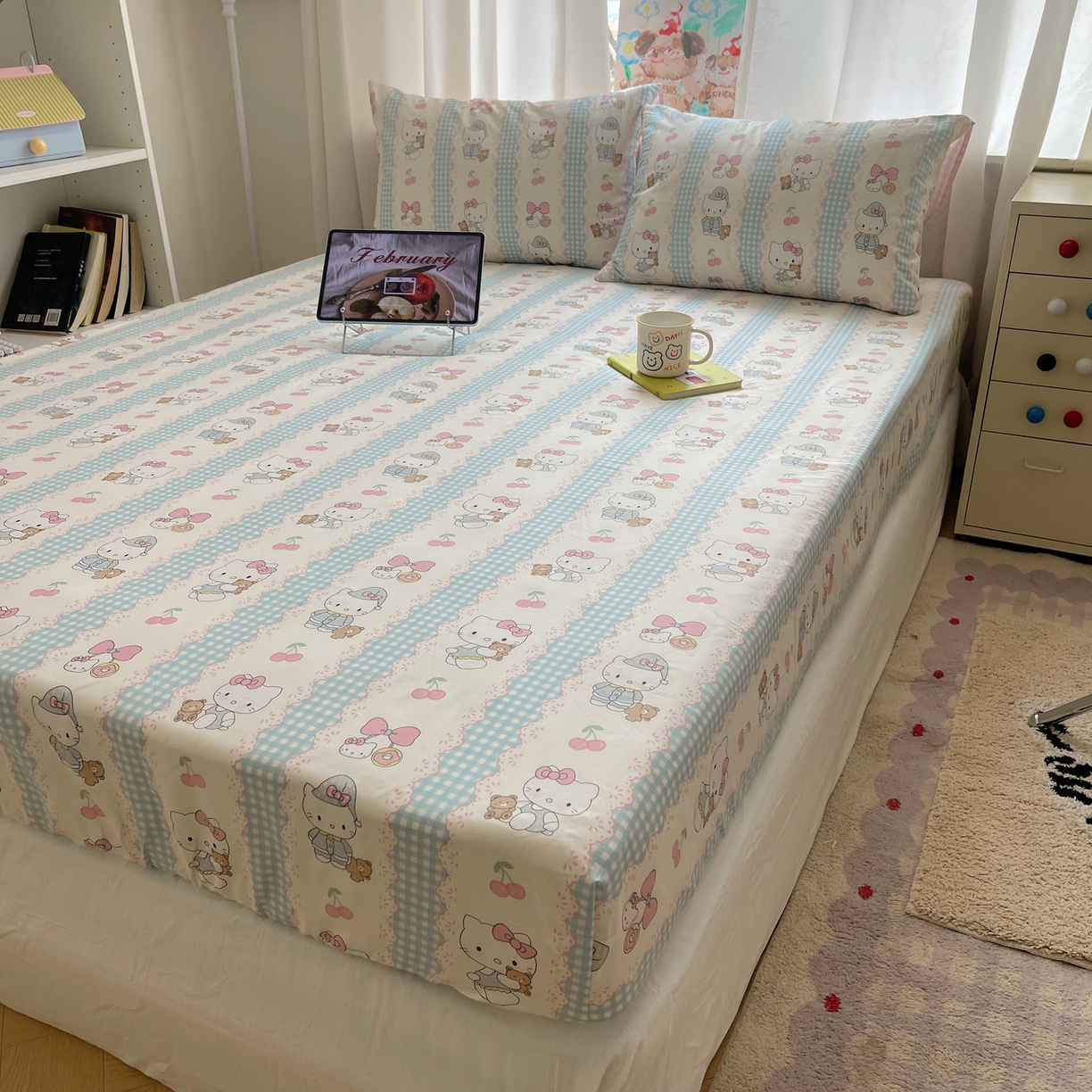 91家纺网 家纺一手货源 找家纺 六巷胡同 2026新款40支全棉13070INS卡通单品床笠 萝莉樱桃猫