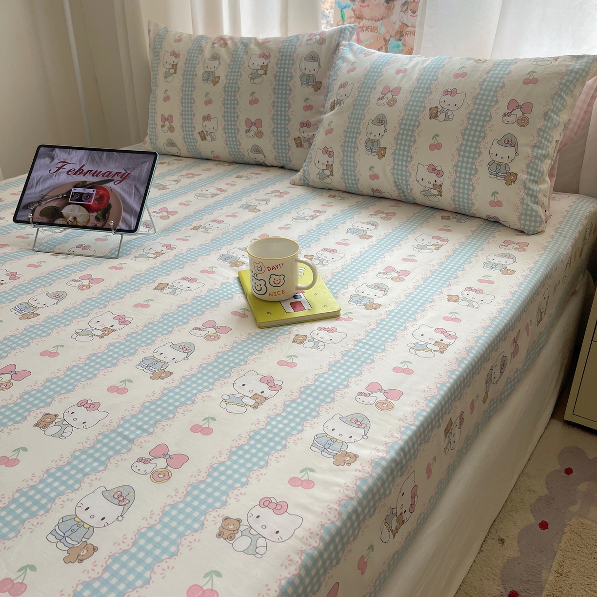 91家纺网 家纺一手货源 找家纺 六巷胡同 2026新款40支全棉13070INS卡通单品床笠 萝莉樱桃猫