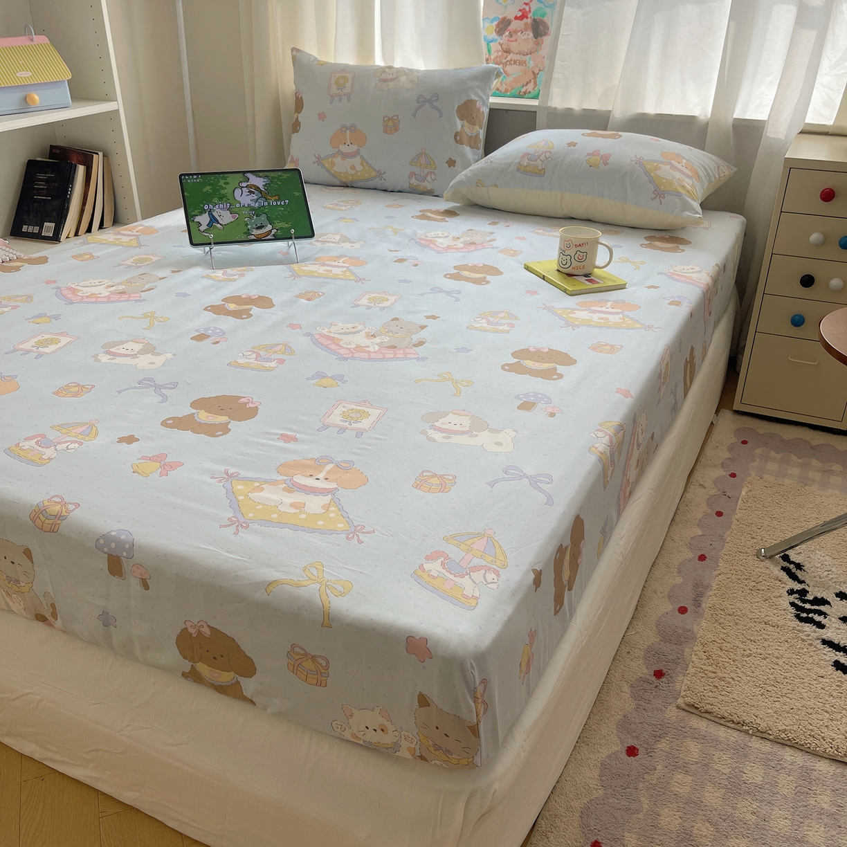 六巷胡同 2026新款40支全棉13070INS卡通单品床笠 猫狗游园会