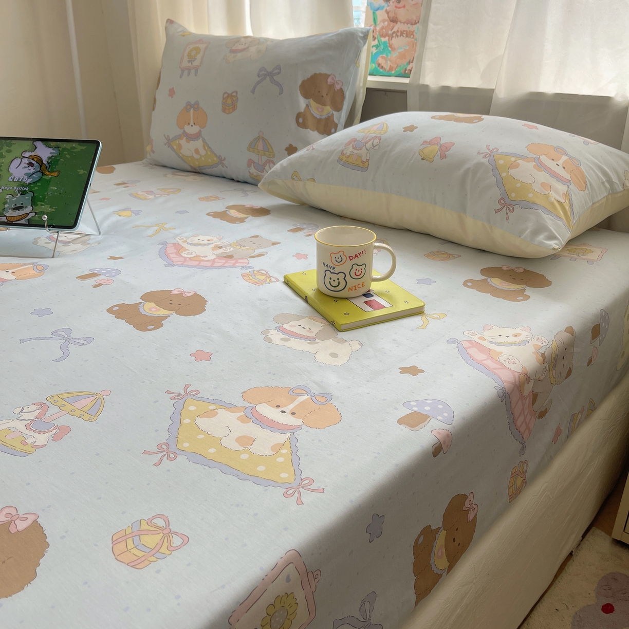 91家纺网 家纺一手货源 找家纺 六巷胡同 2026新款40支全棉13070INS卡通单品床笠 猫狗游园会