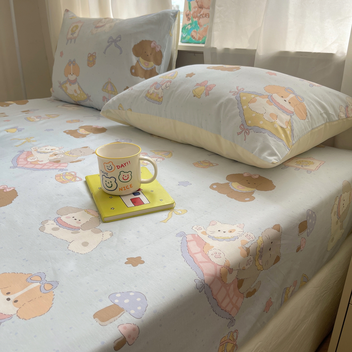 91家纺网 家纺一手货源 找家纺 六巷胡同 2026新款40支全棉13070INS卡通单品床笠 猫狗游园会