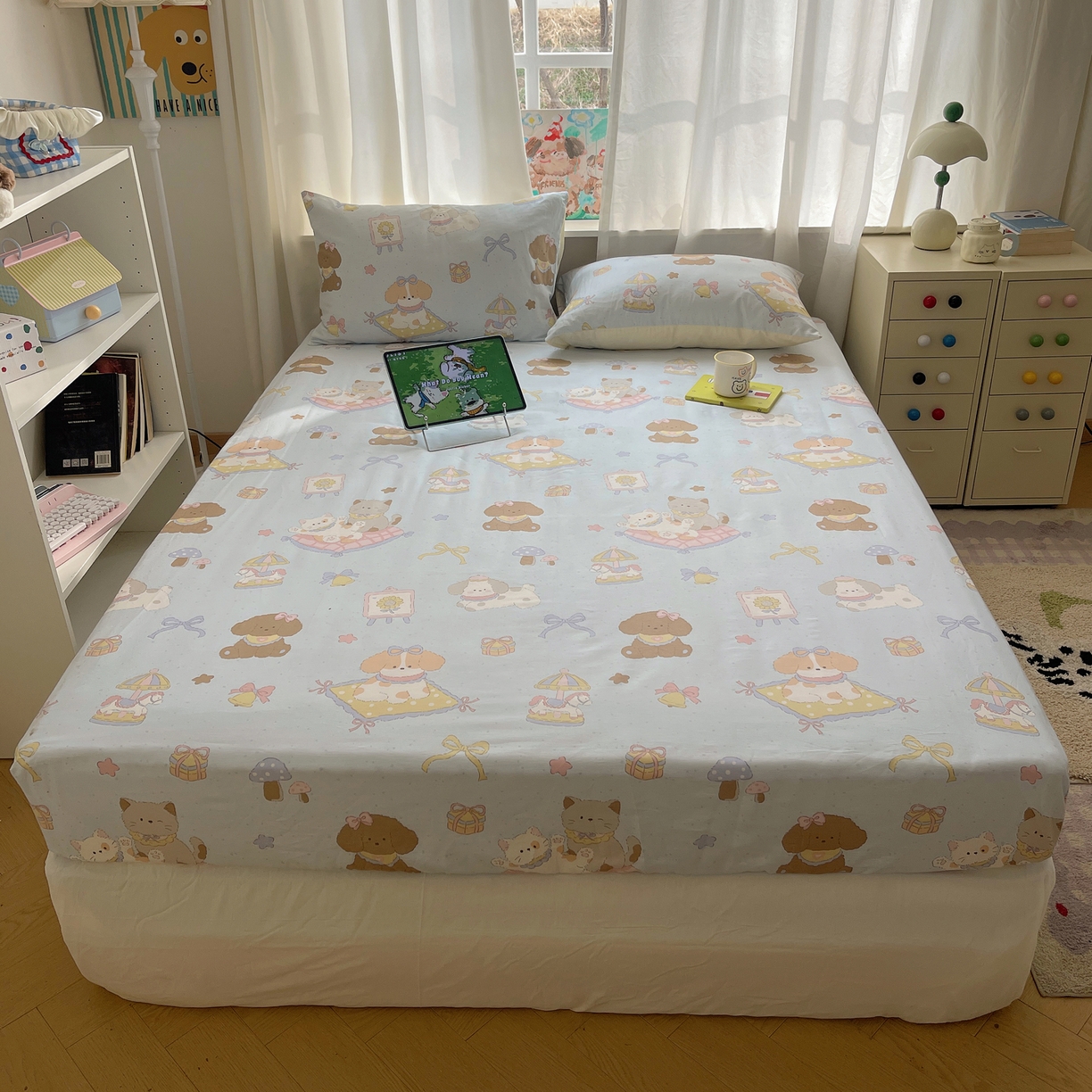 91家纺网 家纺一手货源 找家纺 六巷胡同 2026新款40支全棉13070INS卡通单品床笠 猫狗游园会