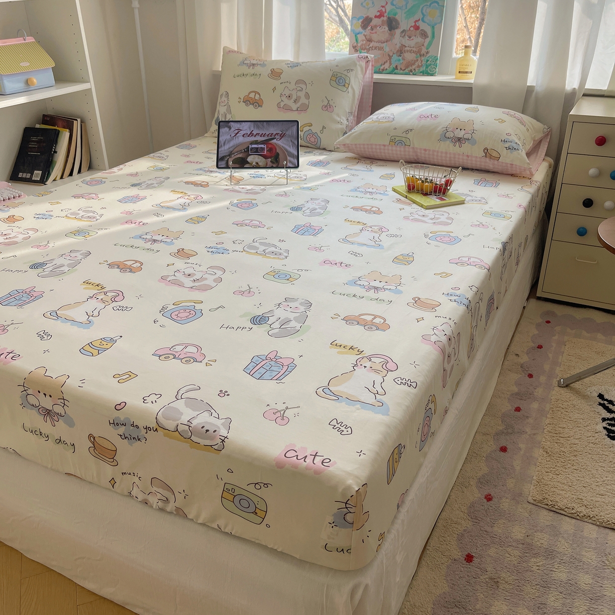 六巷胡同 2026新款40支全棉13070INS卡通单品床笠 猫咪聚会趴