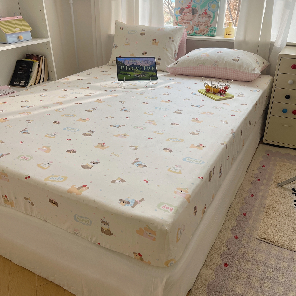 六巷胡同 2026新款40支全棉13070INS卡通单品床笠 汪星人派对