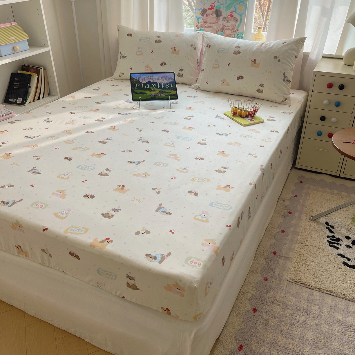 91家纺网 家纺一手货源 找家纺 六巷胡同 2026新款40支全棉13070INS卡通单品床笠 汪星人派对