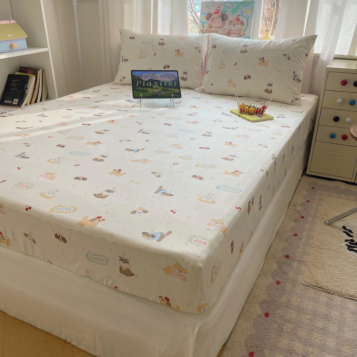 91家纺网 家纺一手货源 找家纺 六巷胡同 2026新款40支全棉13070INS卡通单品床笠 汪星人派对