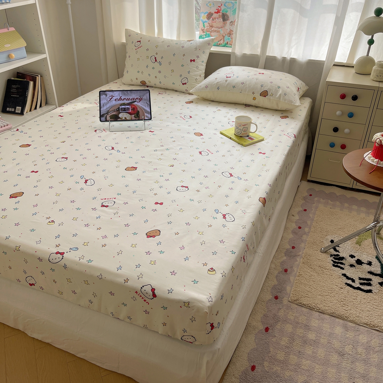 91家纺网 家纺一手货源 找家纺 六巷胡同 2026新款40支全棉13070INS卡通单品床笠 星星萝莉猫