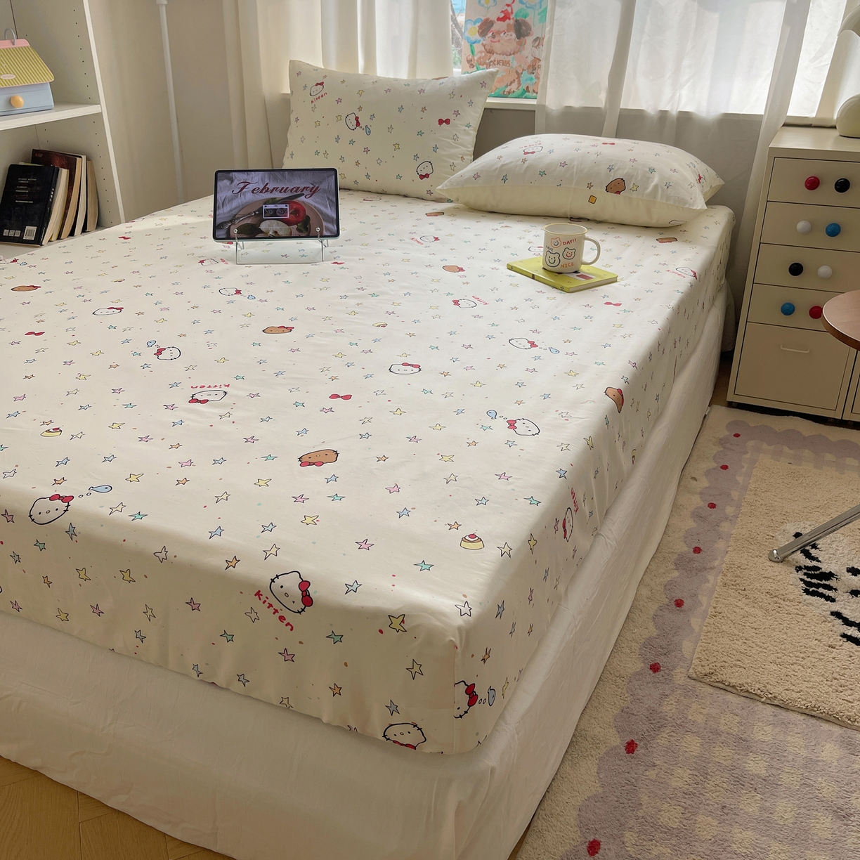 91家纺网 家纺一手货源 找家纺 六巷胡同 2026新款40支全棉13070INS卡通单品床笠 星星萝莉猫