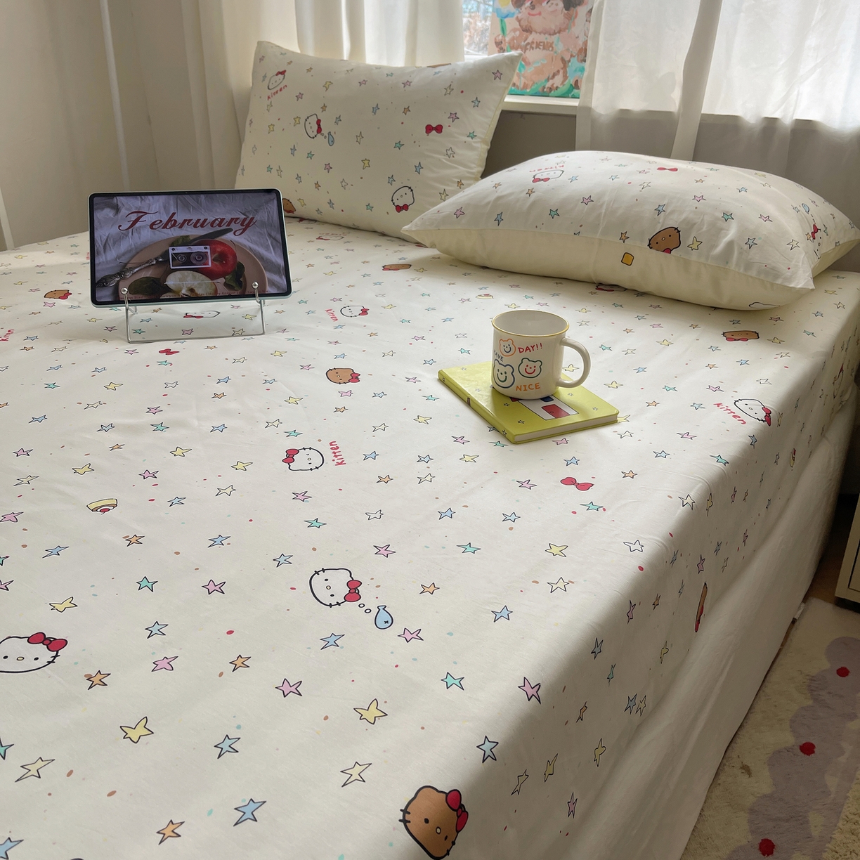 91家纺网 家纺一手货源 找家纺 六巷胡同 2026新款40支全棉13070INS卡通单品床笠 星星萝莉猫