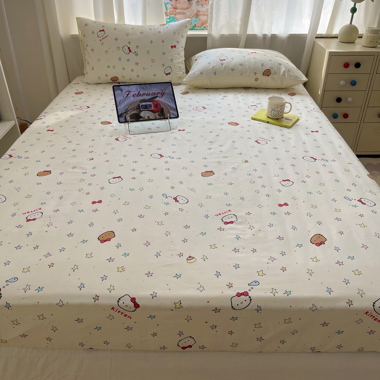 91家纺网 家纺一手货源 找家纺 六巷胡同 2026新款40支全棉13070INS卡通单品床笠 星星萝莉猫