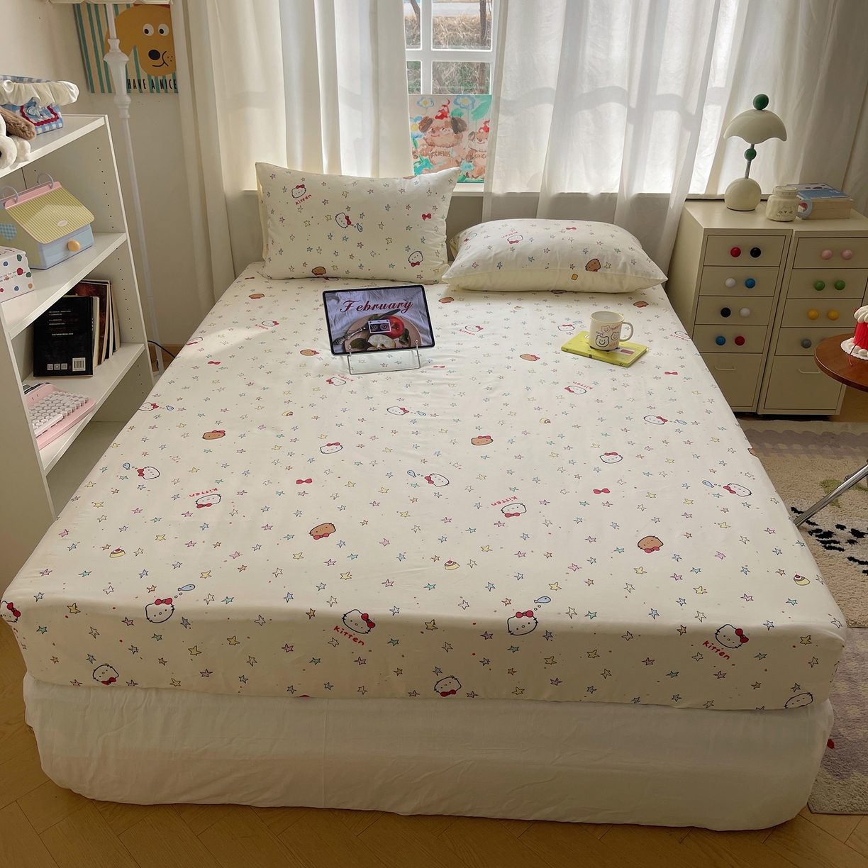 91家纺网 家纺一手货源 找家纺 六巷胡同 2026新款40支全棉13070INS卡通单品床笠 星星萝莉猫