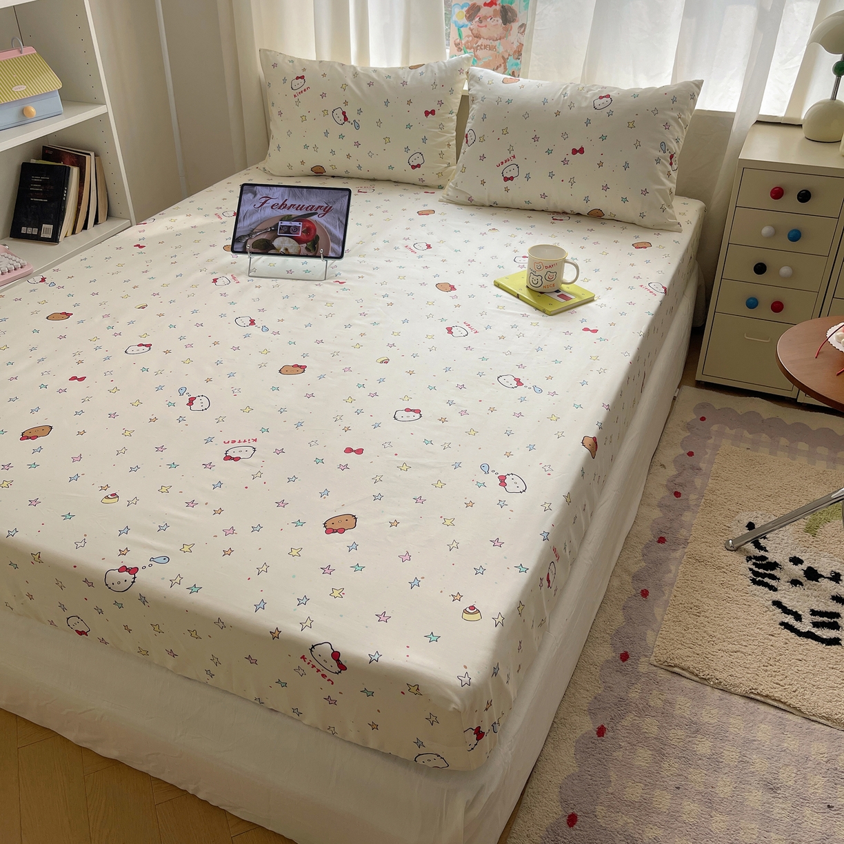 91家纺网 家纺一手货源 找家纺 六巷胡同 2026新款40支全棉13070INS卡通单品床笠 星星萝莉猫