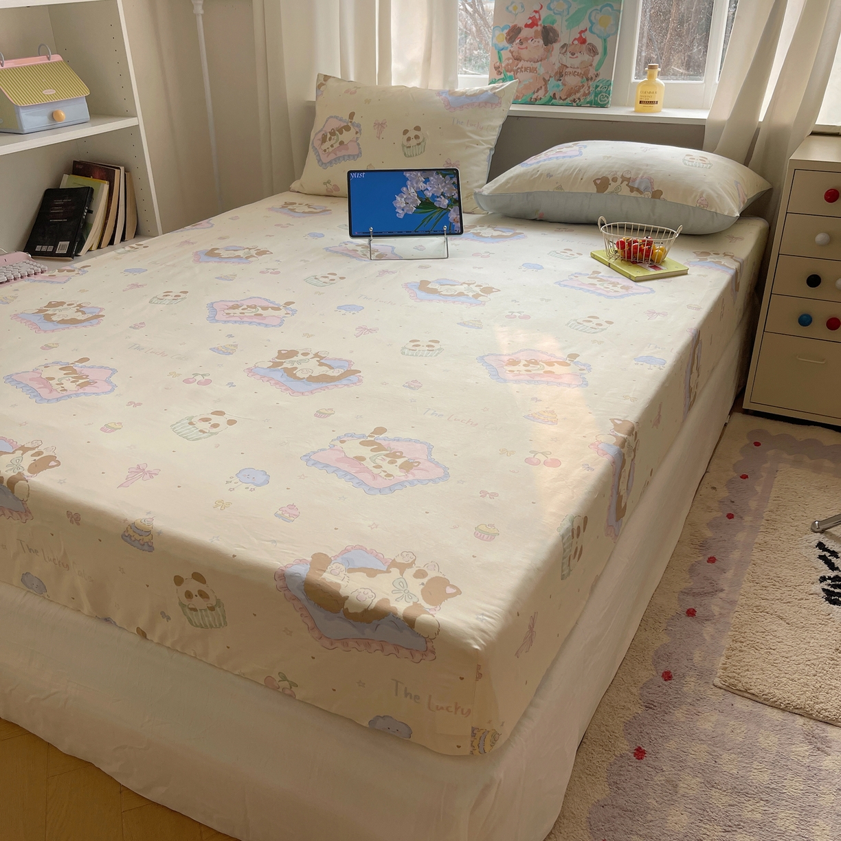 六巷胡同 2026新款40支全棉13070INS卡通单品床笠 慵懒猫咪崽