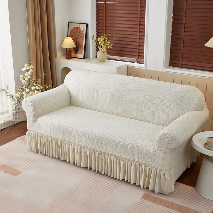 91家纺网 家纺一手货源 找家纺 （总）飞翔家纺沙发套 2026新款素格纹裙摆沙发套