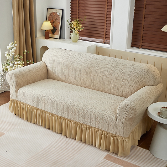 91家纺网 家纺一手货源 找家纺 （总）飞翔家纺沙发套 2026新款素格纹裙摆沙发套