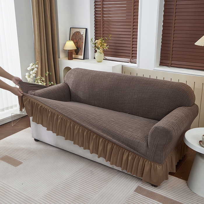 91家纺网 家纺一手货源 找家纺 （总）飞翔家纺沙发套 2026新款素格纹裙摆沙发套