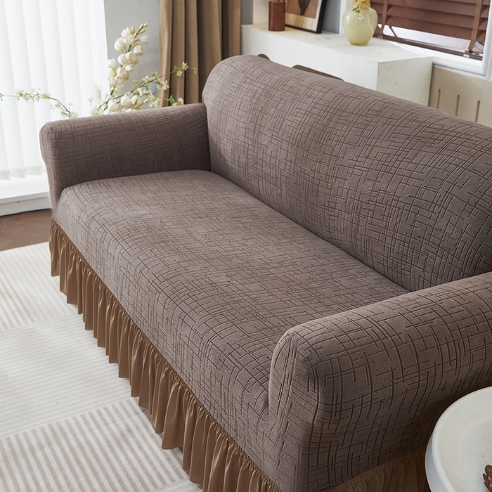 91家纺网 家纺一手货源 找家纺 （总）飞翔家纺沙发套 2026新款素格纹裙摆沙发套