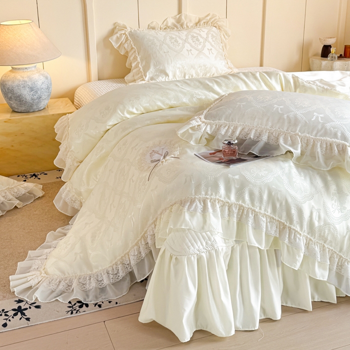 91家纺网 家纺一手货源 找家纺 大麦家纺 2026新款法式花边天丝床盖四件套 浮光滟