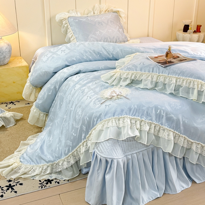 91家纺网 家纺一手货源 找家纺 大麦家纺 2026新款法式花边天丝床盖四件套 霞月韵