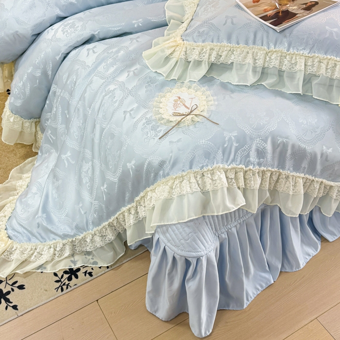 91家纺网 家纺一手货源 找家纺 大麦家纺 2026新款法式花边天丝床盖四件套 霞月韵