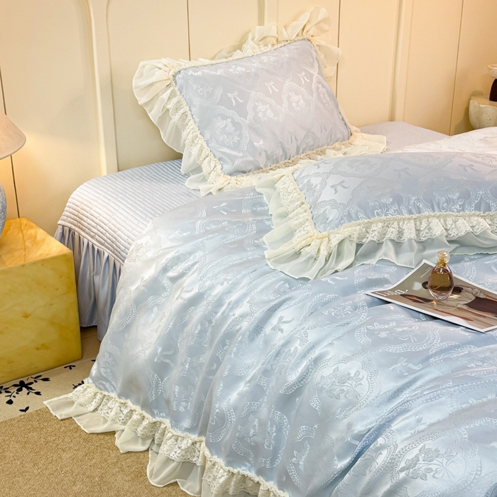 91家纺网 家纺一手货源 找家纺 大麦家纺 2026新款法式花边天丝床盖四件套 霞月韵
