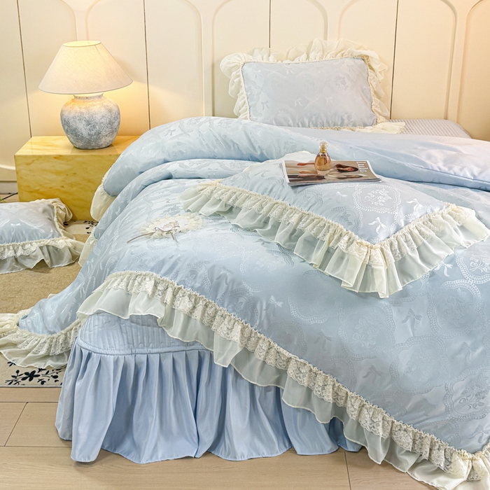 91家纺网 家纺一手货源 找家纺 大麦家纺 2026新款法式花边天丝床盖四件套 霞月韵