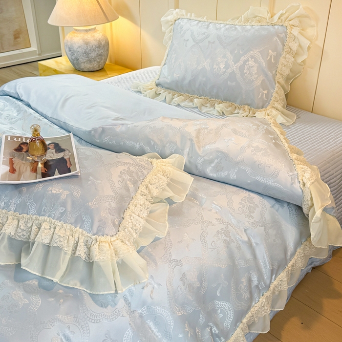 91家纺网 家纺一手货源 找家纺 大麦家纺 2026新款法式花边天丝床盖四件套 霞月韵