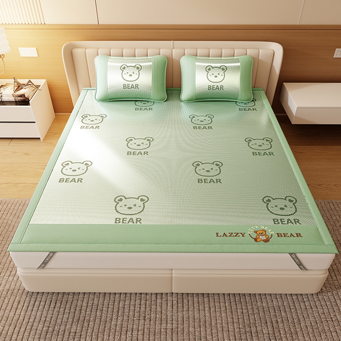 91家纺网 家纺一手货源 找家纺 福来临家纺 2026新款卡皮巴拉小熊款冰藤刺绣凉感席席子凉席 冰藤小熊-绿-床席款