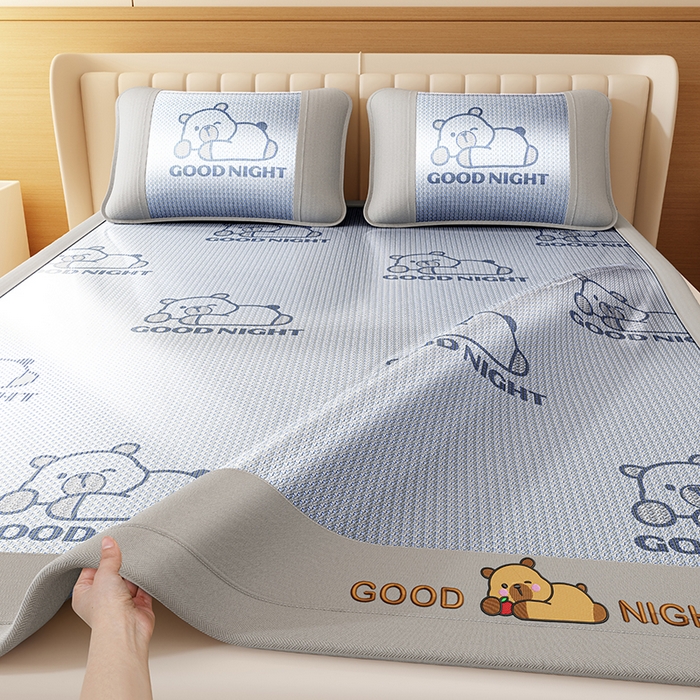 福来临家纺 2026新款卡皮巴拉小熊款冰藤刺绣凉感席席子凉席 冰藤卡皮巴拉-蓝-床席款