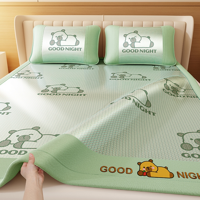 福来临家纺 2026新款卡皮巴拉小熊款冰藤刺绣凉感席席子凉席 冰藤卡皮巴拉-绿-床席款