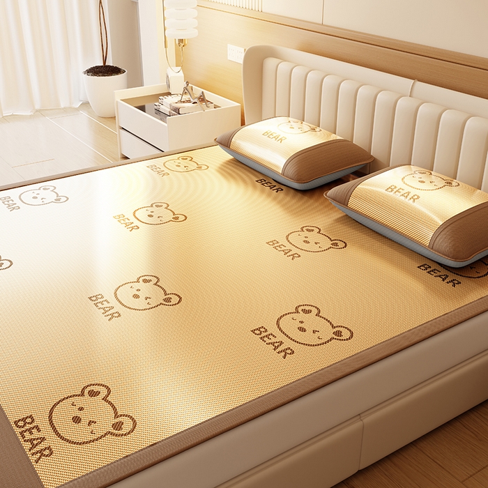 91家纺网 家纺一手货源 找家纺 福来临家纺 2026新款卡皮巴拉小熊款冰藤刺绣凉感席席子凉席 冰藤小熊-咖-床席款