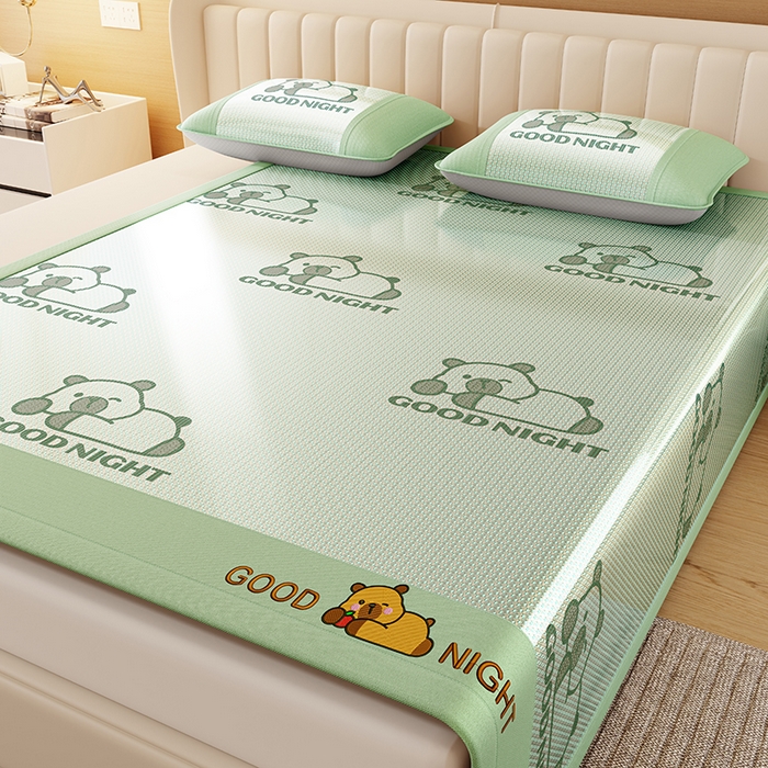 91家纺网 家纺一手货源 找家纺 福来临家纺 2026新款卡皮巴拉小熊款冰藤刺绣凉感席席子凉席 冰藤卡皮巴拉-绿-床席款