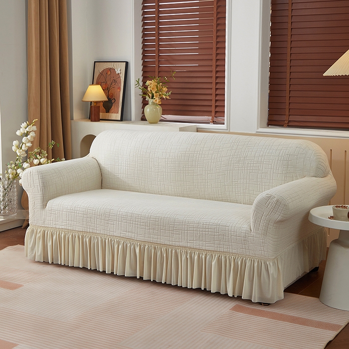 飞翔家纺沙发套 2026新款素格纹裙摆沙发套 米白色