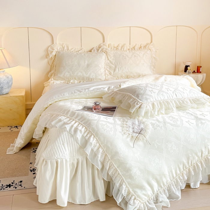 91家纺网 家纺一手货源 找家纺 大麦家纺 2026新款法式花边天丝床盖四件套 浮光滟