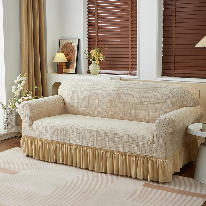 飞翔家纺沙发套 2026新款素格纹裙摆沙发套 米黄色
