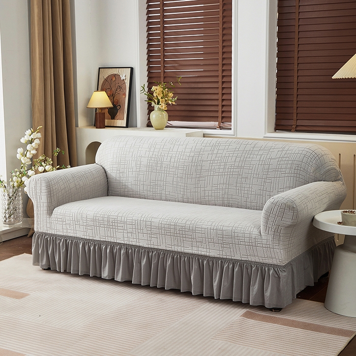 飞翔家纺沙发套 2026新款素格纹裙摆沙发套 浅灰色