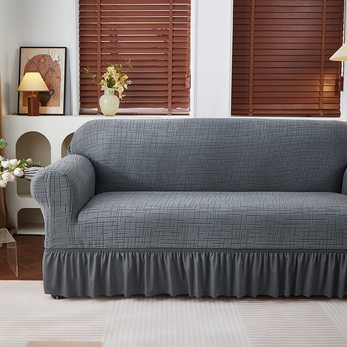 91家纺网 家纺一手货源 找家纺 飞翔家纺沙发套 2026新款素格纹裙摆沙发套 深灰色