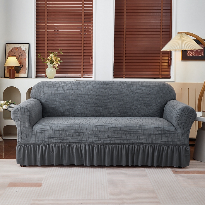 91家纺网 家纺一手货源 找家纺 飞翔家纺沙发套 2026新款素格纹裙摆沙发套 深灰色