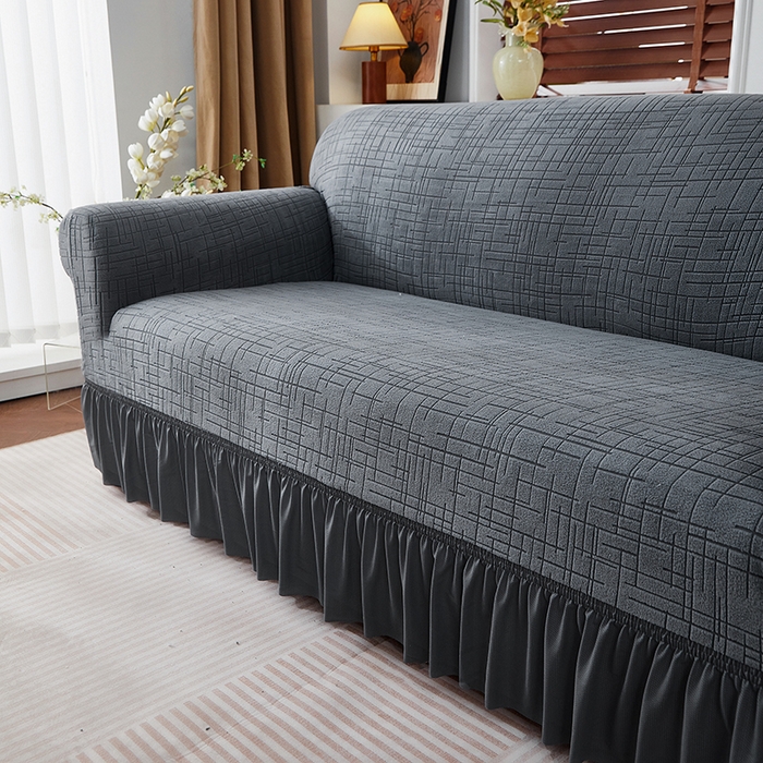 91家纺网 家纺一手货源 找家纺 飞翔家纺沙发套 2026新款素格纹裙摆沙发套 深灰色