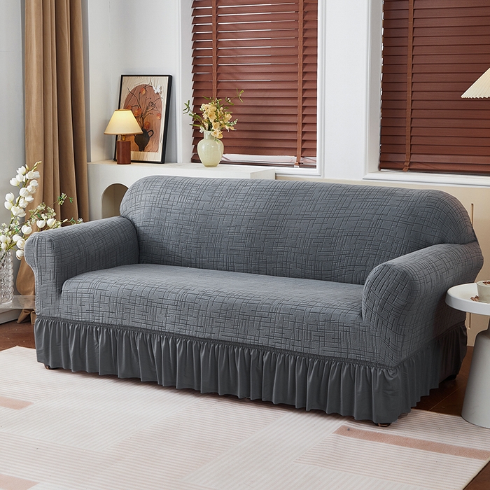 飞翔家纺沙发套 2026新款素格纹裙摆沙发套 深灰色