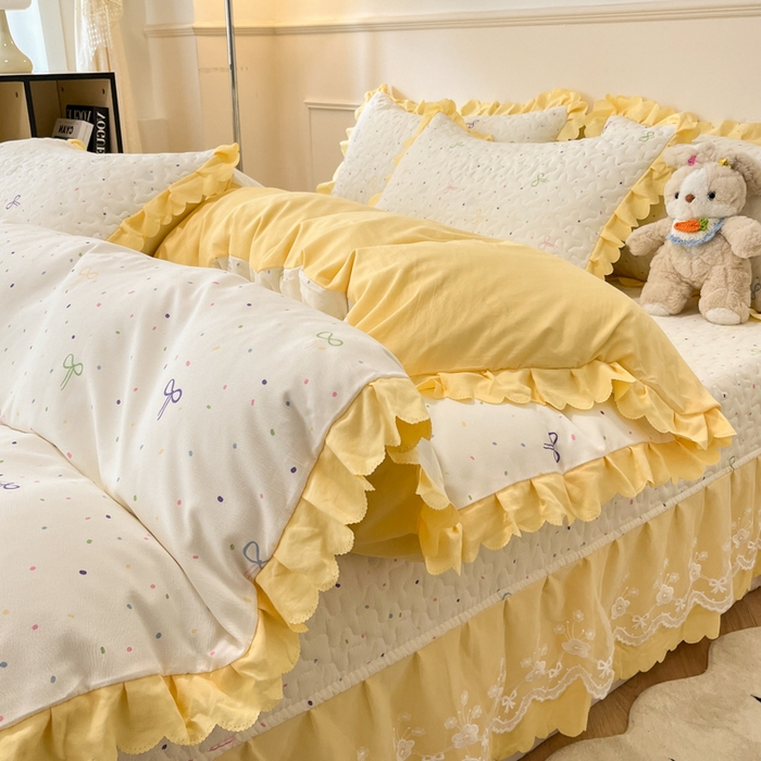 91家纺网 家纺一手货源 找家纺 金梦家居 2025新款印花小竹棉花边夹棉床盖夏被四件套 小晴天