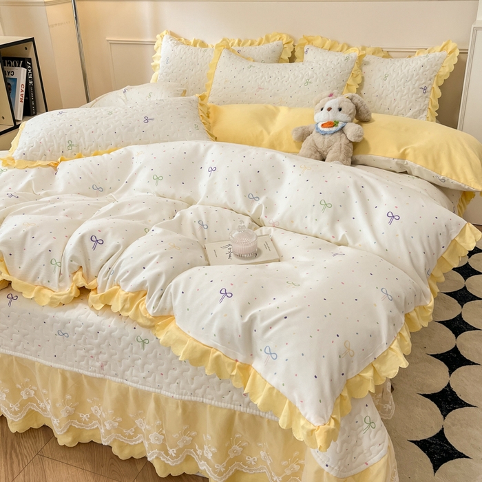 91家纺网 家纺一手货源 找家纺 金梦家居 2025新款印花小竹棉花边夹棉床盖夏被四件套 小晴天