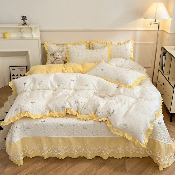 金梦家居 2025新款印花小竹棉花边夹棉床盖夏被四件套 小晴天