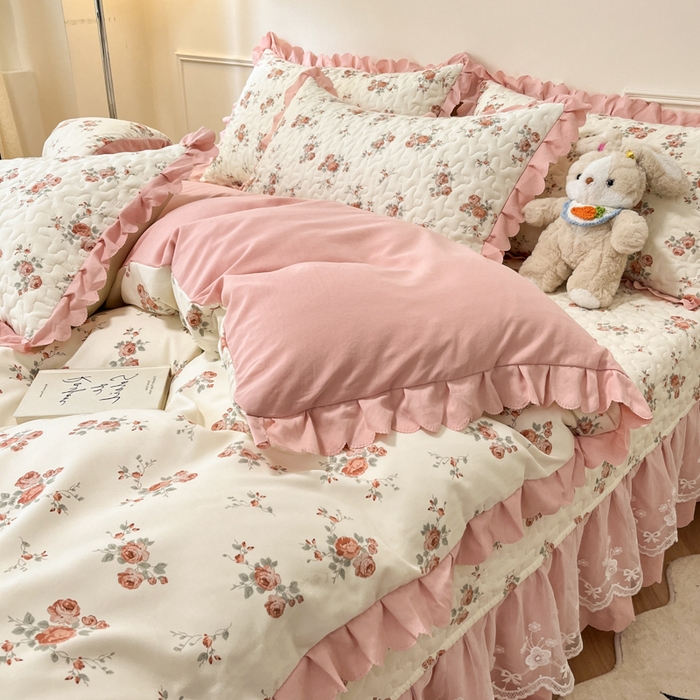 91家纺网 家纺一手货源 找家纺 金梦家居 2025新款印花小竹棉花边夹棉床盖夏被四件套 遇见