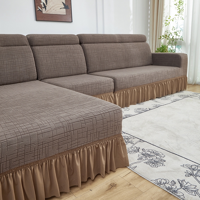 91家纺网 家纺一手货源 找家纺 （总）飞翔家纺沙发套 2026新款素格纹裙摆沙发套贵妃